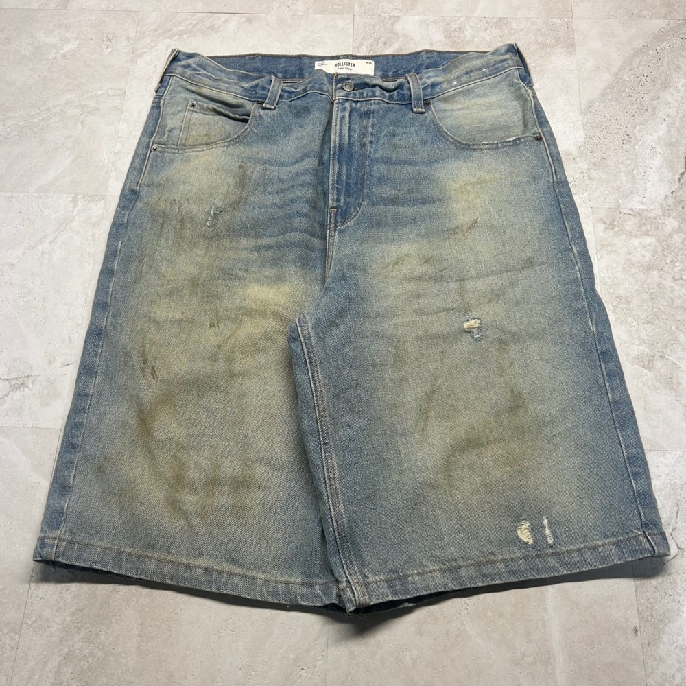 Hollister Super Baggy Denim Shorts Blue Mens Size 38 Distressed Skater Y2K